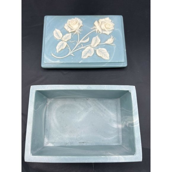 Set (3) Soapstone Jewelry Trinket Boxes Roses Blue Design Gifts Int’l 1974 Large - Picture 7 of 12
